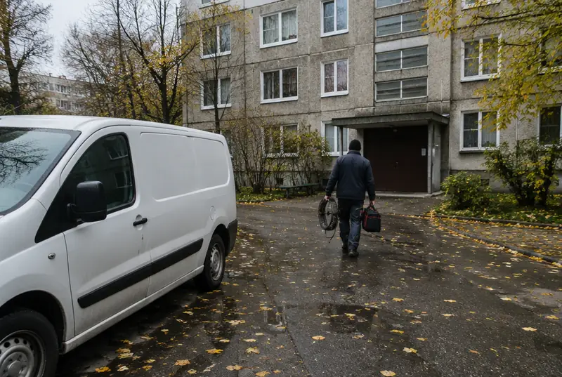 Santehniķis ar instrumentiem iet uz daudzdzīvokļu māju Rīgā